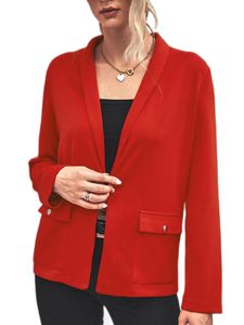 Blazer Damen Mit Taschen Cardigan Jacke Büro Feste Farbe Strickjacken Elegant Ein Einzelner Knopf Outwear, Farbe:Rot, Größe:L