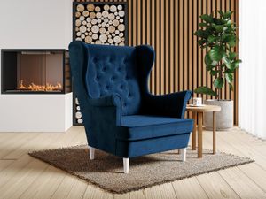 Beautysofa Sessel aus velours mit holzbeine Falco III, Ohrensessel mit Steppung, Knöpfe, Wellenfedern (Stoff: kronos 09 - marineblau, Beinefarbe: Wenge)