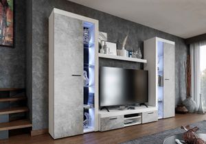 FURNIX Mediawand Alvor XL Wohnwand 4-teilig, Vitrine, TV Schrank, Highboard 300 cm für Wohnzimmer klassisch modern Weiß/Beton
