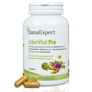 SanaExpert LeberVital Pro ist ein pflanzliches Nahrungsergänzungsmittel mit Mariendistel, Kurkuma und Artischocke, 120 Kapseln (95 g)