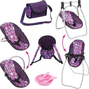 Bayer Design Puppenzubehör Set, Puppenhochstuhl, Puppentrage, Tasche, Zubehör, lila