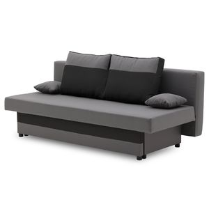 Couch SONY 190x90 mit Schlaffunktion - Farben zur Auswahl - kleines Sofa. Schlafsofa mit Bettkästen und dekorative Kissen - STOFF HAITI 14 + HAITI 17 - Grau&Schwarz