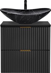 Badezimmer Waschtisch, 61cm, matt schwarz gerillt mit Keramik-Waschbecken schwarz marmoriert ADELAIDE-56-BLACK, B/H/T ca. 61,5/74,7/46,5 cm