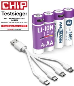 ANSMANN Akku Mignon AA Typ-C Anschluss Li-Ion 1800mAh 1,5V, 4 Stück