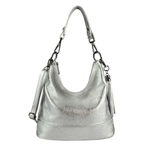 OBC  Italy Damen Leder Tasche Umhängetasche Shopper Schultertasche Handtasche Crossbody Hobo Bag Crossover Ledertasche Damentasche Fransen Silber