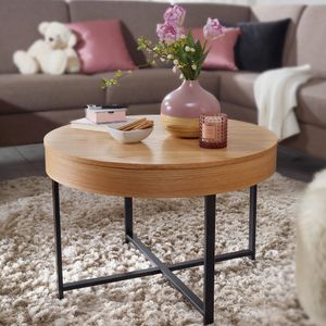 Designový konferenční stolek FineBuy kulatý Ø 69 cm z dubové dýhy - kovové nohy s úložným prostorem, stolek do obývacího pokoje, odkládací stolek MDF