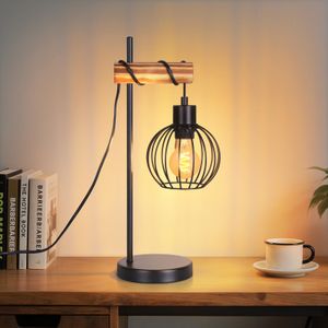 ZMH Tischlampe Schwarz Holz Tischleuchte Vintage Nachttischlampe 1 flammig im Industrial Metall E27 Fassung Retro Nachttischleuchte ohne Leuchtmittel