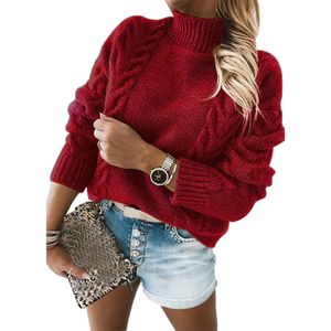 Damen Rollkragen Casual Strickpullover Langarm Pure Color Pullover,Farbe: rot,Größe:S