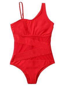 Damen One Schulter Badebekleidung Beach Mesh Badeanzug schiere Spaghetti -Straße Beachwege, Farbe: Rot, Größe:40