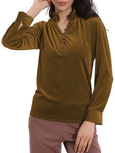 Damen Langarmshirts Tunika Bluse Elegante Shirts Bequeme Button Up Tops Arbeit Mode Kamel,Größe XL