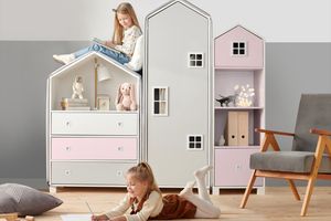 Konsimo Sada dětského nábytku 3 ks. "MIRUM", bílý, růžová, šedá, 57x172x45|47x152x45|80x126x45 cm