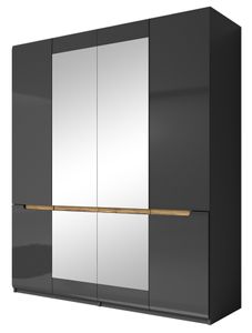 Furniture24 Kleiderschrank Hektor - 20, Schrank, mit 4 Türen, Kleiederstange, Spiegel und 5 Einlegeboden, Hochglanz, Drehtürenschrank Anthrazite/Anthrazite Hochglanz/Appenzeller Fichte