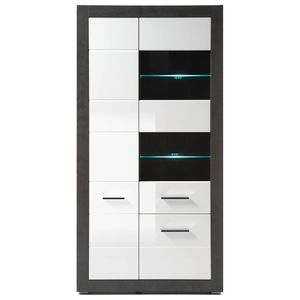 Vitrinenschrank in Hochglanz weiß mit Betonoptik dunkel ETON-61 mit LED B/H/T: 100/198/35cm