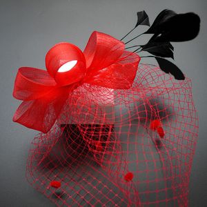 Frauen Retro Schleife Feder Netz Schleier Hochzeit Fascinator Hut Clip Haarschmuck-Rot