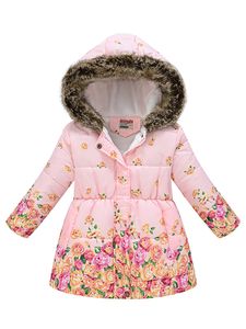 Mädchen Mit Kapuze Hals Outwear Winter Langarmjacken Fuzzy Fleece Knöpfe Down Jacke, Farbe: Pinke Blume, Größe: DE 152