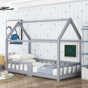Sweiko Kinderbett Hausbett Holzbett 90 x 200 cm mit Lattenrosten & Rausfallschutz -- Grau