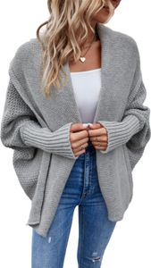 ASKSA Damen Cardigan Pullover Grob Gestrickt Wickel Fledermausaermel Vorne Offen Oberbekleidung, Grau, L ASKSA Damen Cardigan Pullover Grob Gestrickt Wickel Fledermausaermel Vorne Offen Oberbekleidung, Grau, L