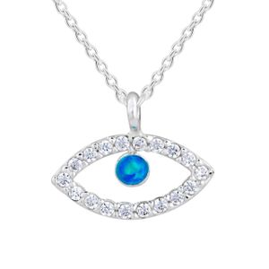 Silberne Halskette mit Anhänger, Auge mit Kristallen und blauem Opal