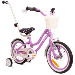 Mädchenfahrrad 14 Zoll Glocke Zusatzräder Schubstange Heart Bike violett