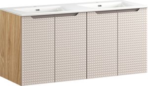Doppelwaschtisch 120 cm breit in Eiche mit beige, LONDON-56-BEIGE, mit Waschbecken