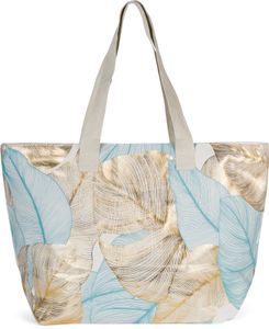 styleBREAKER Damen Strandtasche mit Palmen Blätter Print Metallic, Reißverschluss, XXL Schultertasche, Shopper 02012390, Farbe:Beige-Blau
