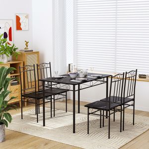 HJ WeDoo 5-TLG jídelní set dřevěný jídelní stůl se 4 kovovými židlemi, kompletní kuchyňský stůl, sedací souprava pro kuchyň s jídelnou na balkóně, průmyslový nábytek, 109x69x75cm, černý mramor