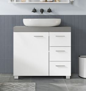 VASAGLE Waschbeckenunterschrank mit Füßen, 3 große Schubladen, 2 Fächer hinter der Tür, 30 x 70 x 64 cm, Weiß-Zementgrau
