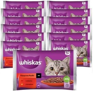 Whiskas Adult 1+ Katzenfutter Nassfutter Klassische Auswahl in Soße 13x4x85g Rindfleisch und Huhn (52 Portionen à 85 Gramm)