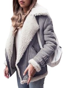 Frauen Warm Zip Kunstpelz Biker Mantel Damen Fleece Fluffy Revers Jacke Outwear,Farbe: Grau,Größe:4XL