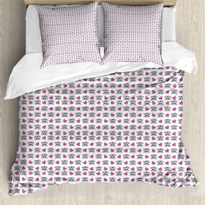 ABAKUHAUS Teen Bettbezug, Emo Skulls Hearts Funky, Milbensicher Allergiker geeignet mit Kissenbezügen, 200 cm x 200 cm - 80 x 80 cm, Violett Schwarz Weiß