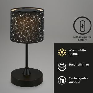 Briloner Leuchten - LED Tischlampe Akku, Dimmbar, Sternendesign, Stoff LED Tischleuchte Kabellos, Touchfunktion, 3.300K Warmweiß, Schwarz, 300x125 mm (HxD)