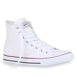Mytrendshoe Herren High Top Sneakers Schnürer Sportschuhe 72046, Farbe: Weiß Rotstreifen Lucky, Größe: 45