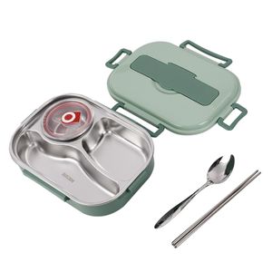 Thermo Lunchbox, Edelstahl Lunchboxen, 3 Fächern wärmender Lebensmittelbehälter mit Essstäbchen und Löffel teilt Lunchbox für Kinder und Erwachsene, Bento-Boxen(Grün)