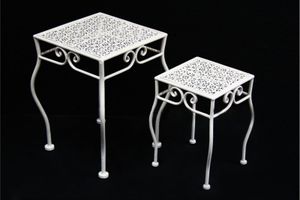 2 tlg. Gartentisch Set Beistelltisch Metalltisch Weiß Deko Antik