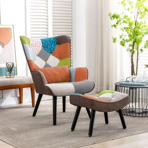 Ohrensessel Relaxsessel mit Hocker Patchwork Sessel mit Lendenkissen Sessel Wohnzimmer Holz moderner Fernsehsessel Loungesessel Stuhl Orange