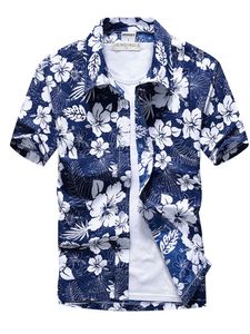 Herren Sommer Viertel Ärmel Lose Passform Strand Blume Hemden Hawaii Urlaub Reise Shirt Blaue weiße Blume,Größe Xl