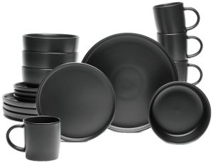VAN WELL | "Nero" - Geschirrset für 4 Personen, 16- teilig, modernes Design in schwarz glasiert, runde formen zeitlos elegant