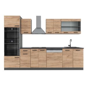 Livinity® Küchenzeile R-Line, 300 cm mit Hochschrank, ohne Arbeitsplatte, Goldkraft Eiche/Anthrazit