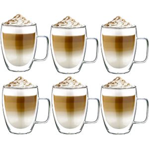 Latte macchiato Gläser mit Henkel Set 6 x 350 ml | Thermogläser Doppelwandig | Kaffeeglas, Trinkgläser, Teegläser, Cappuccino Gläser aus Borosilikatglas