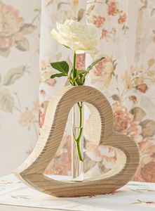 Holzherz "Väschen", 20 cm hoch, Dekofigur in Herzform aus Holz & Glas, Tischvase, Design Blumenvase, Set Herz mit Vase