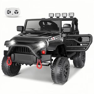 12V Elektro Kinderfahrzeug Kinderauto Jeep mit Tür, 2x Motoren, mit Fernbedienung, LED Lichts, eingebauter Musik, Bluetooth-Verbindung, schwarz