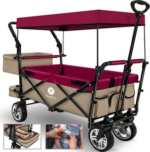 Miweba Faltbarer Bollerwagen MB-20 | Sonnendach - Schiebe- & Zugstange - Stauraumverlängerung - 360° Räder - Bis 100 Kg (Beige/Bordeaux)