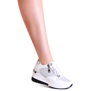 topschuhe24 2465 Damen Keil Sneaker Plateau Halbschuhe Glitzer, Farbe:Weiß, Größe:39 EU
