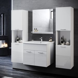 SONNI Badmöbel-Set 4 teilig 60cm Weiß Hochglanz ,mit Waschbecken mit Unterschrank ,Spiegel und Hochschrank