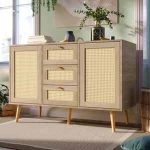 Flieks Kommode  Rattan Eiche 120*82*40cm Sideboard mit 3 Schubladen und 2 Türen mit verstellbaren Ablagen