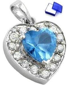 Kettenanhänger Anhänger Herz synthetischer Blautopas viele Zirkonias 925 Silber 14 x 13 mm inkl. kleiner Schmuckbox