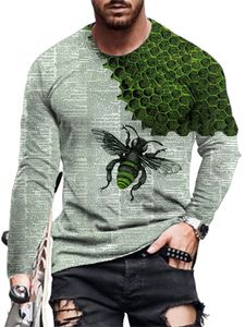 Herren Casual Bees Printed T-Shirt Langarm Rundhalsausschnitt Loose Fit Pullover Tops,Farbe: Grün,Größe:5XL