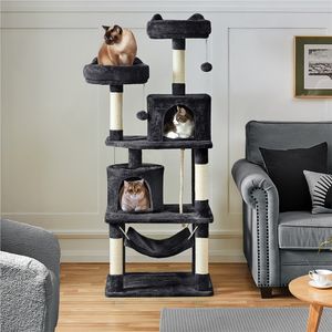 Yaheetech Kratzbaum 158 cm stabiler Katzenbaum, mit 5 Sisalstämmen & 2 Plattformen, mehrstufig, Schwarz