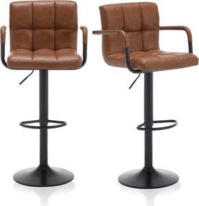 Meisterhome® Barhocker 2er Set - Höhenverstellbar mit lehne Barstuhl, Drehhocker, Küchenstühle Mit Fußstütze, Kunstleder Edelstahl, Gepolsterter Sitz, Für Tresenhocker, Wohnküchen, Hotels, Bar Hocker, Farbe:Braun