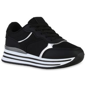 VAN HILL Damen Plateau Sneaker Metallic Schnürer Profil-Sohle Schuhe 840233, Farbe: Schwarz Silber Metallic, Größe: 38